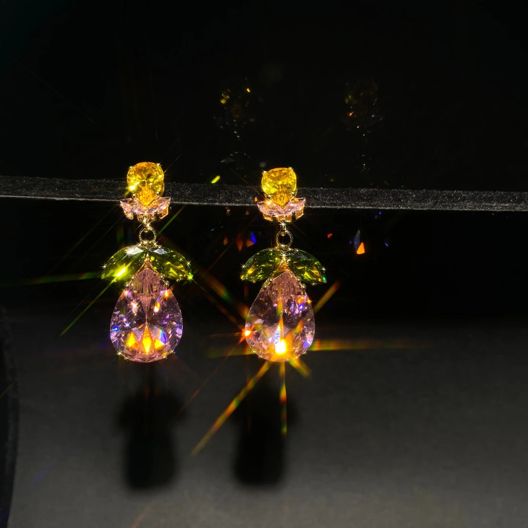 925银合成锆石耳饰 金色拼色小清新火彩女耳钉轻奢彩色耳钩银镀