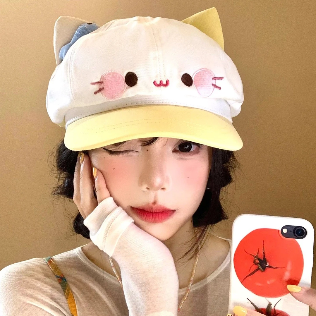 甜美可爱小鱼猫咪贝雷帽女卡通显脸小百搭八角帽出游报童画家帽子