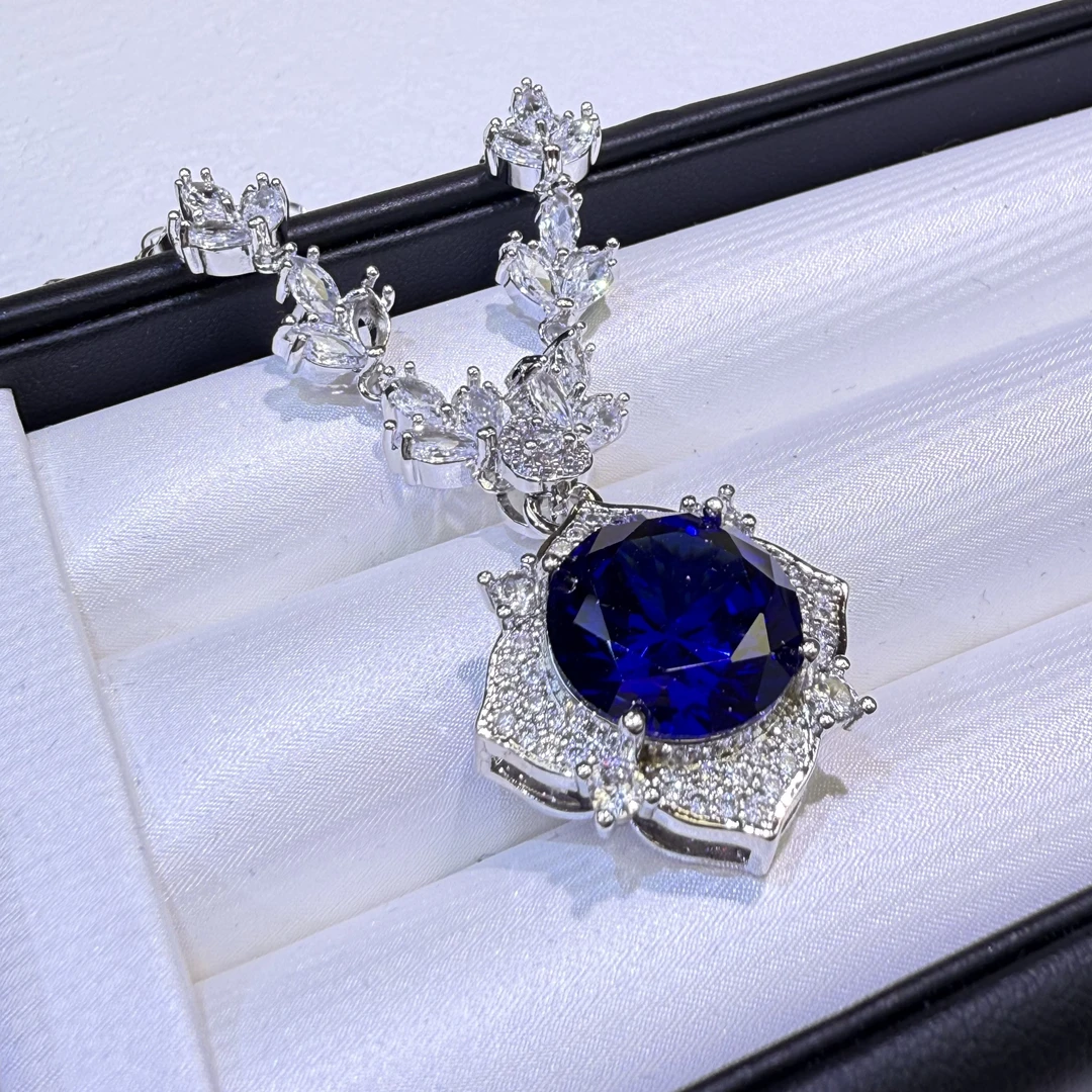 铜合金锆石项链 JYJ8030-冰花切满镶宝蓝项链时尚欧美