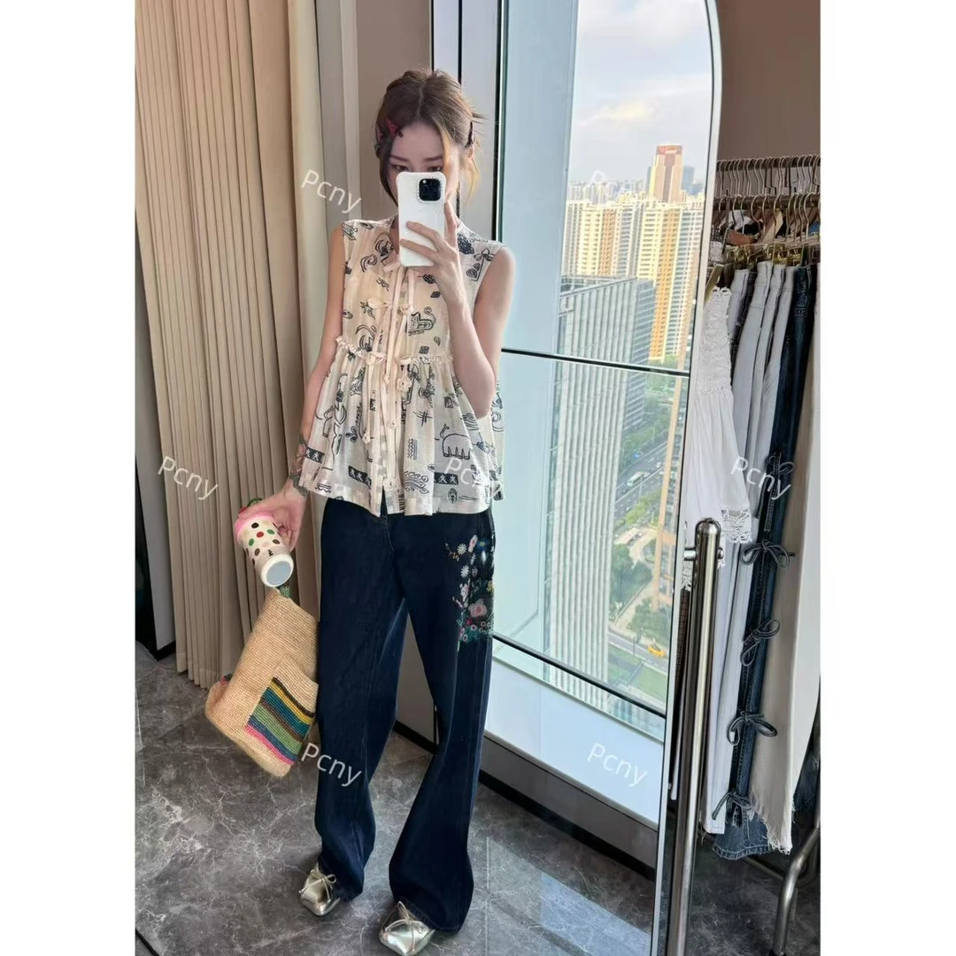 PCNY「牛仔花期」不理理夏季新款小众女装重工刺绣港风休闲直筒长裤