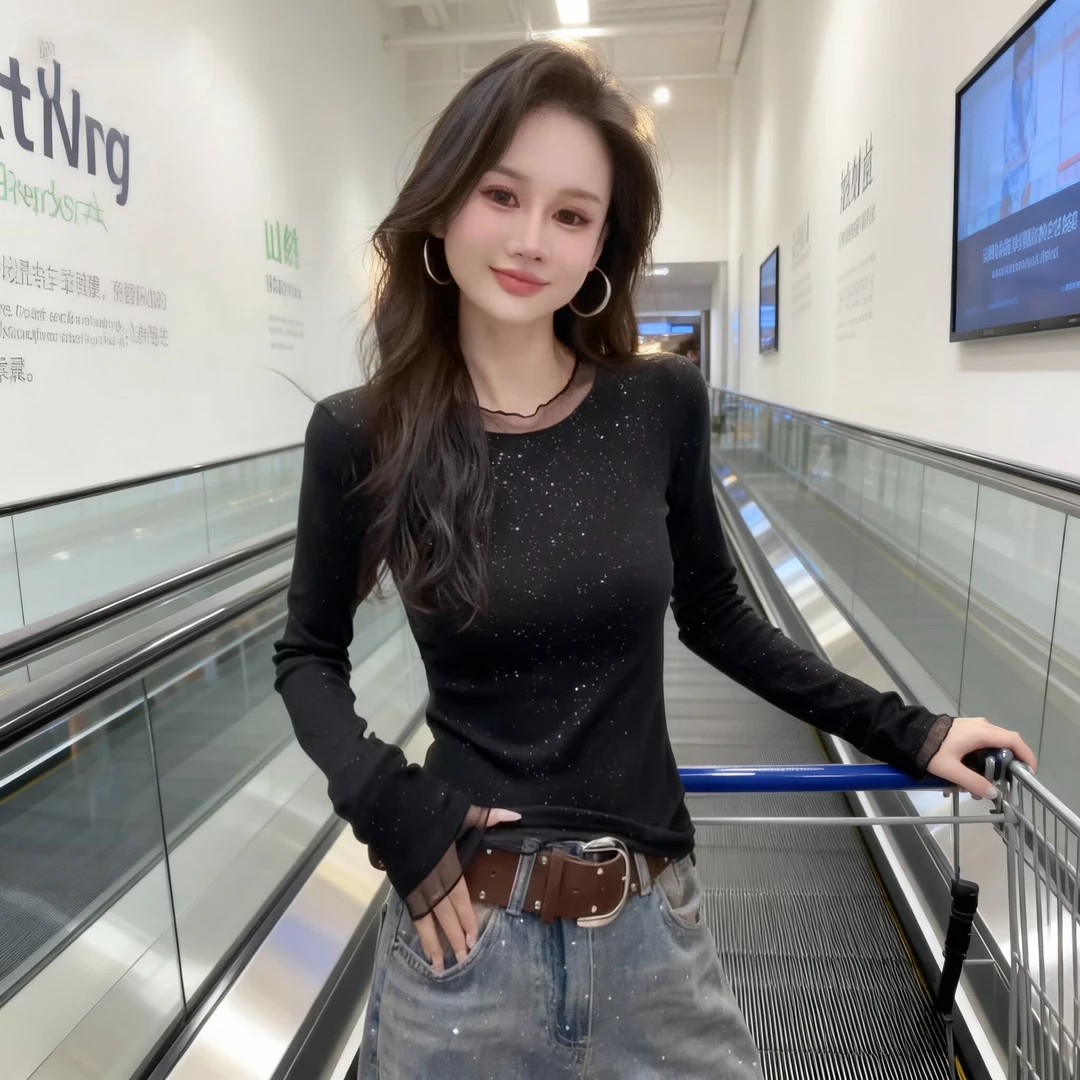 大码韩系圆领网纱徳绒打底衫女秋冬内搭微胖修身设计感亮片上衣