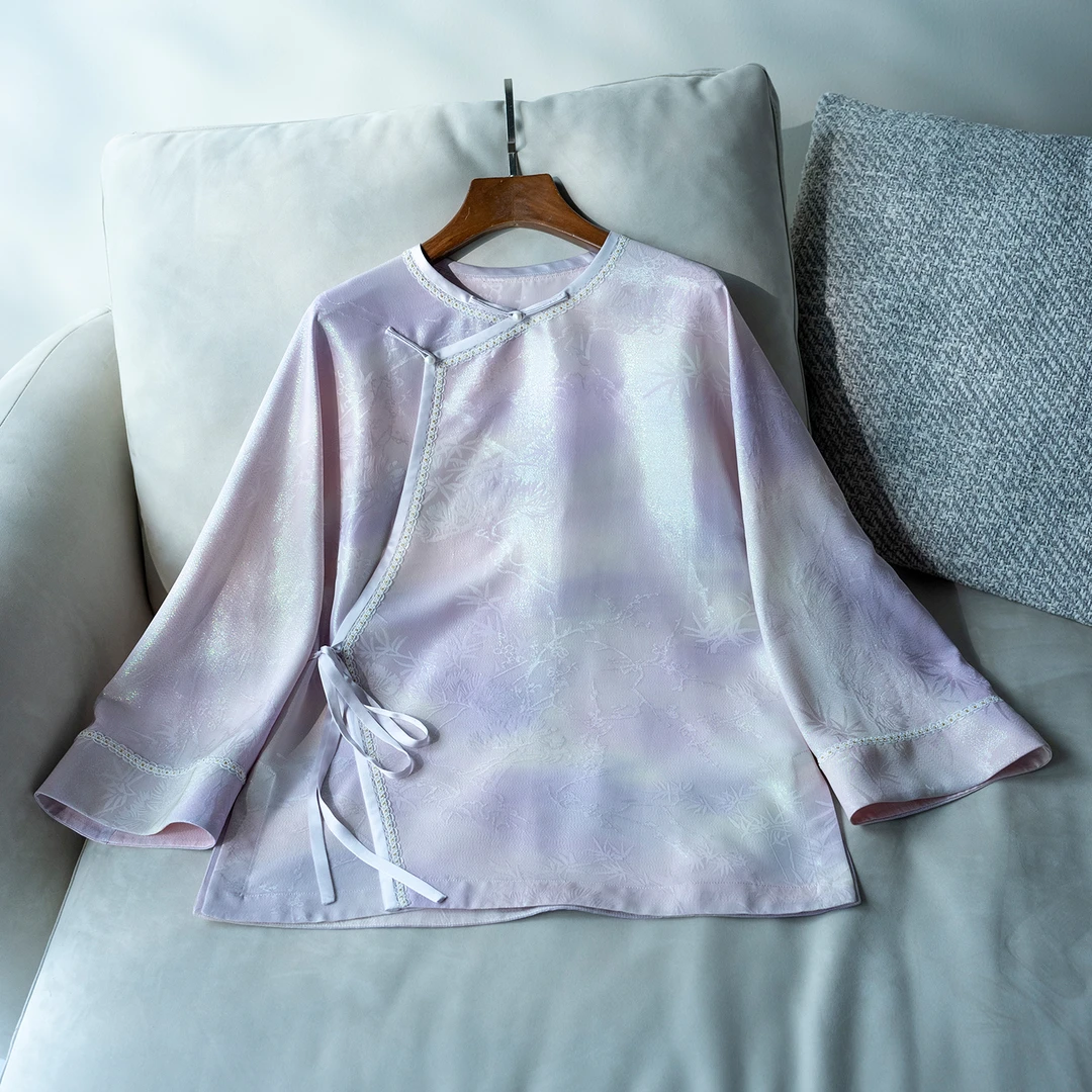 华裳格【羽落】新中式正绢手绘真丝提花圆领斜襟系带上衣HS1658