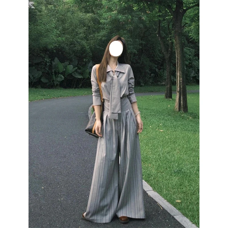 韩系气质轻职感通勤套装收腰系带衬衫上衣女秋季高腰显瘦阔腿裤潮