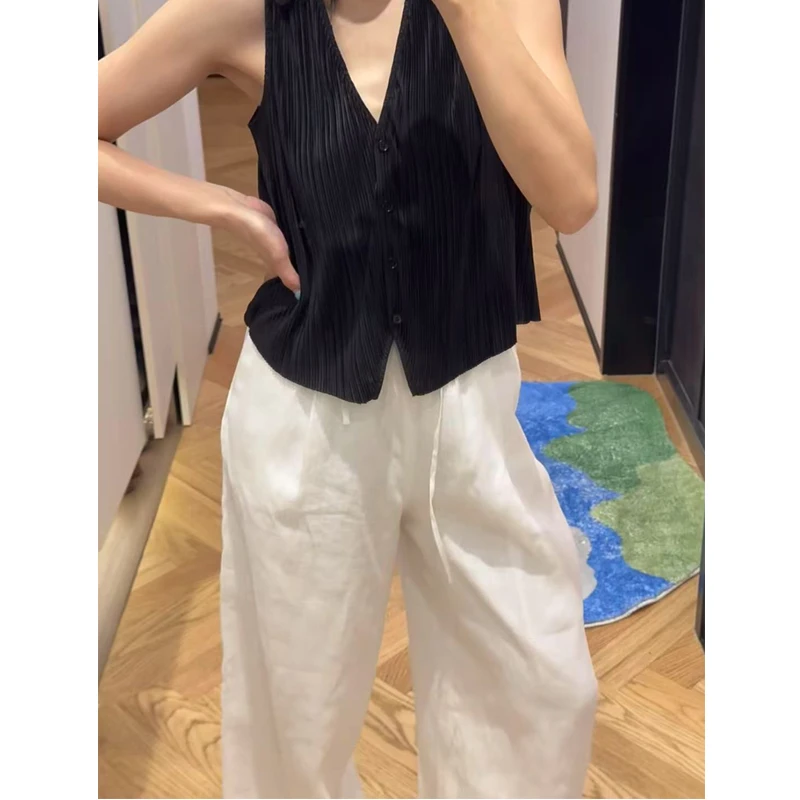 白色亚麻棉显瘦阔腿裤女夏季薄款度假风高腰垂感老钱风直筒休闲裤