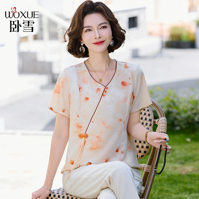 中年妈妈夏装短袖T恤2025新款洋气上衣套装中老年女气质小衫50岁