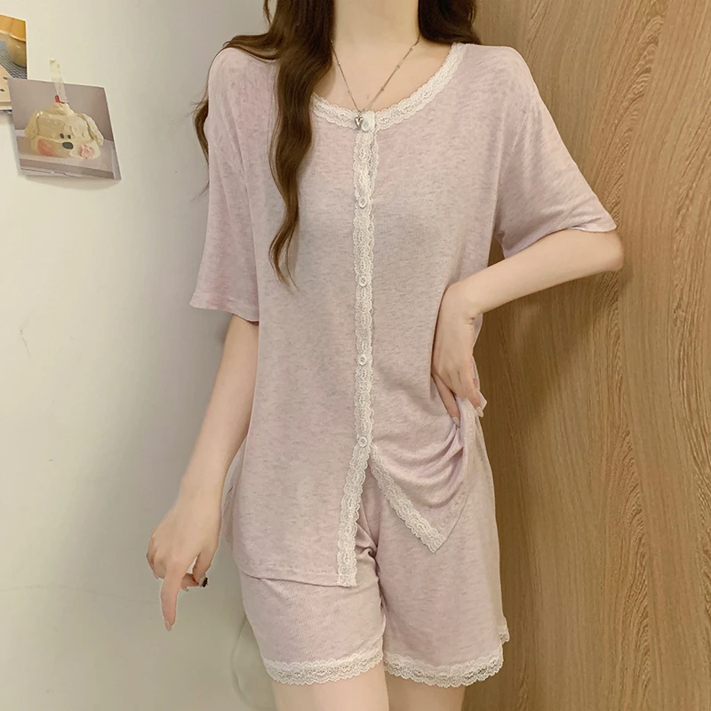 短袖短裤睡衣女款夏季人棉2025新款宽松高级感ins风浅粉两件套装
