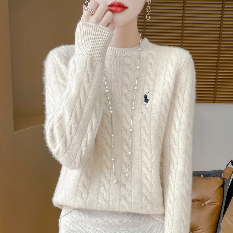 哥弟阿玛施正品100%纯羊毛衫七针加厚刺绣小马标女圆领减龄羊毛衣