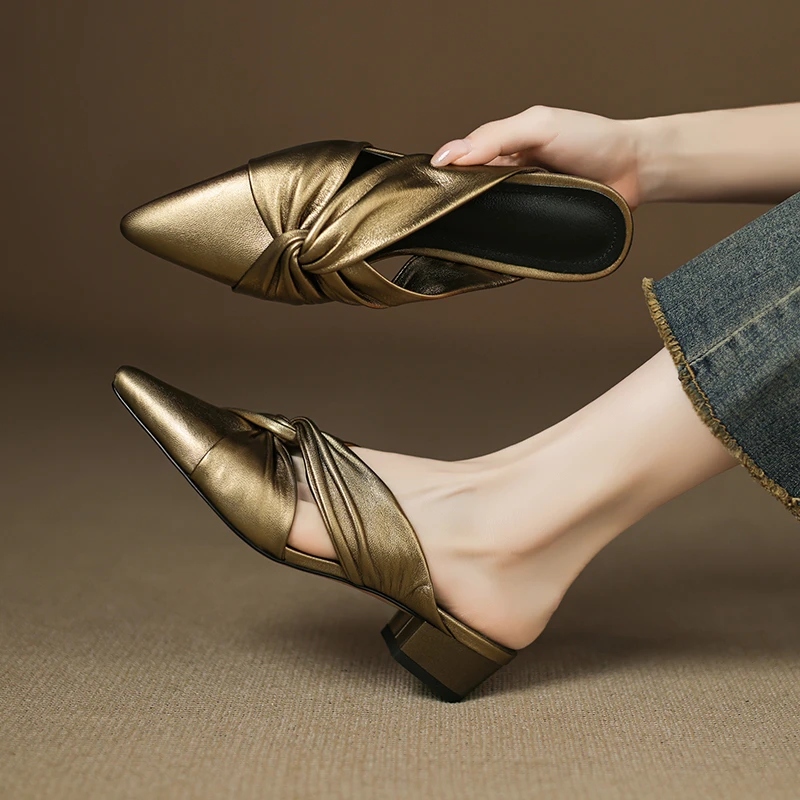 轻奢鞋子女款羊皮半拖鞋女鞋外穿夏季不累脚软皮粗跟中跟凉拖金色