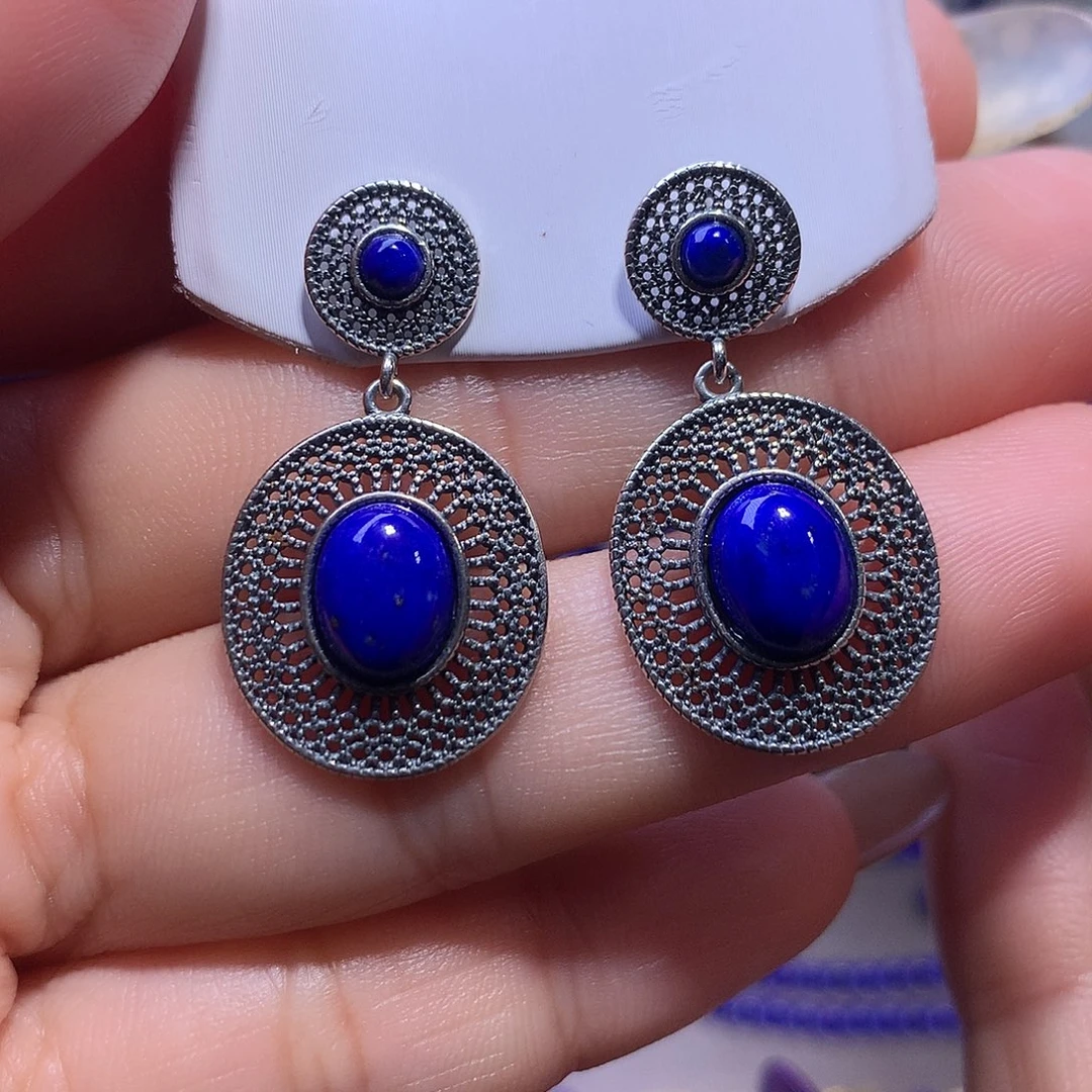 青金石银S925镶嵌耳饰