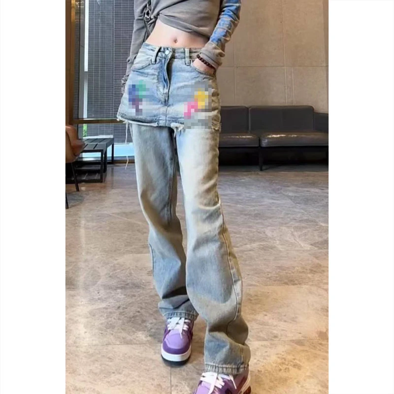 假两件牛仔裤显瘦女春季新款梨形身材大码直筒裤显瘦阔腿裤小个子