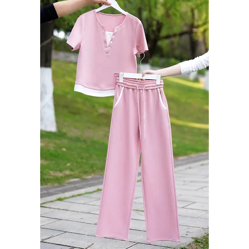 高含棉休闲减龄套装女2025年夏季新款设计感短袖上衣阔腿裤两件套