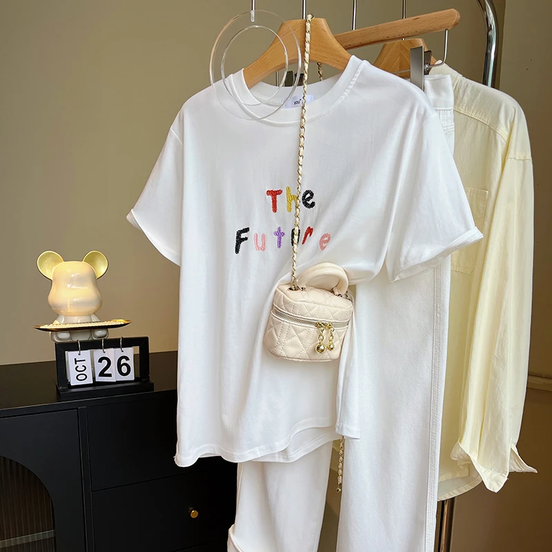 趣味彩色字母休闲正肩短袖T恤女夏季宽松初中学生减龄显瘦上衣潮