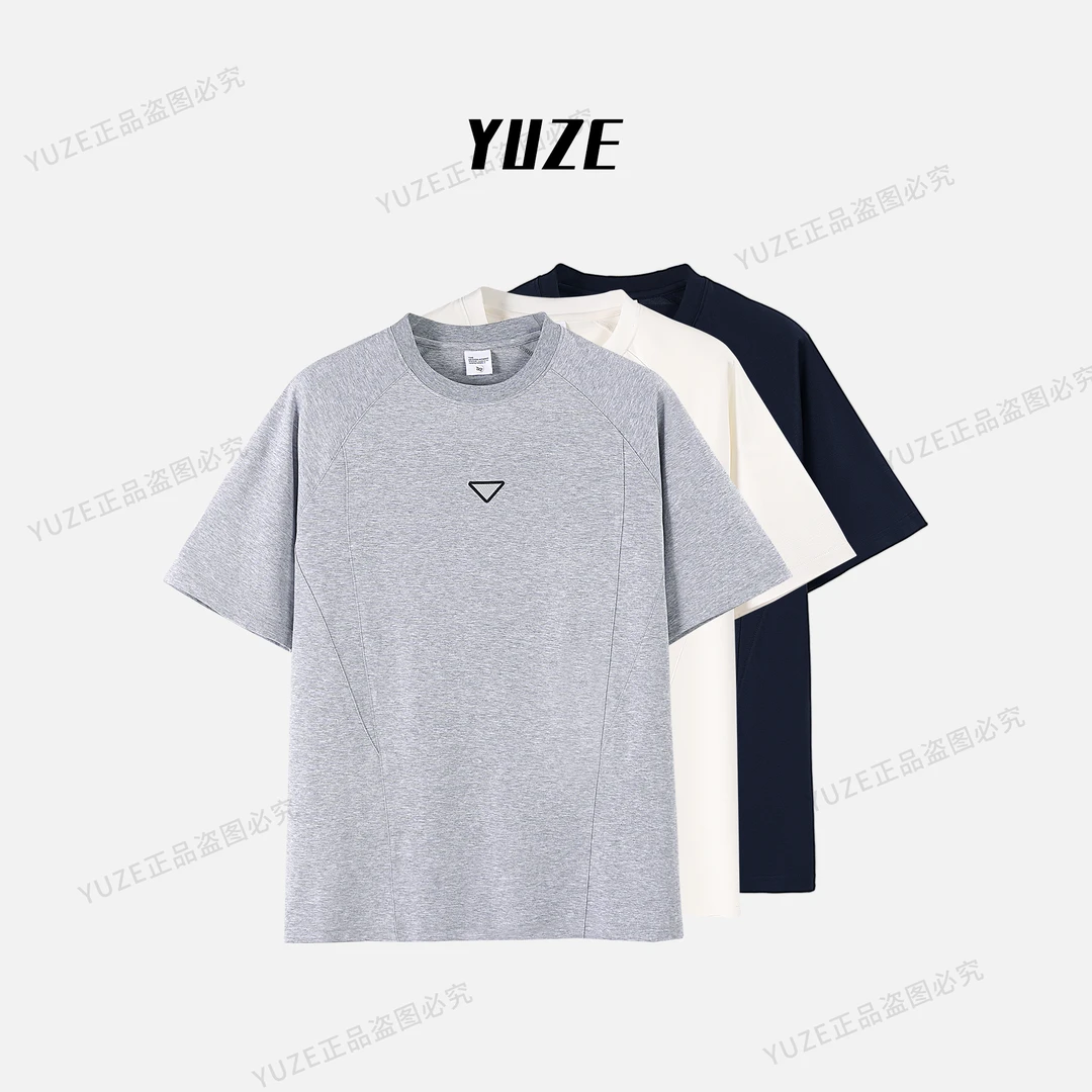 【YUZE】美式休闲莱赛尔倒三角设计感结构拼接短袖潮流百搭T恤Z6225