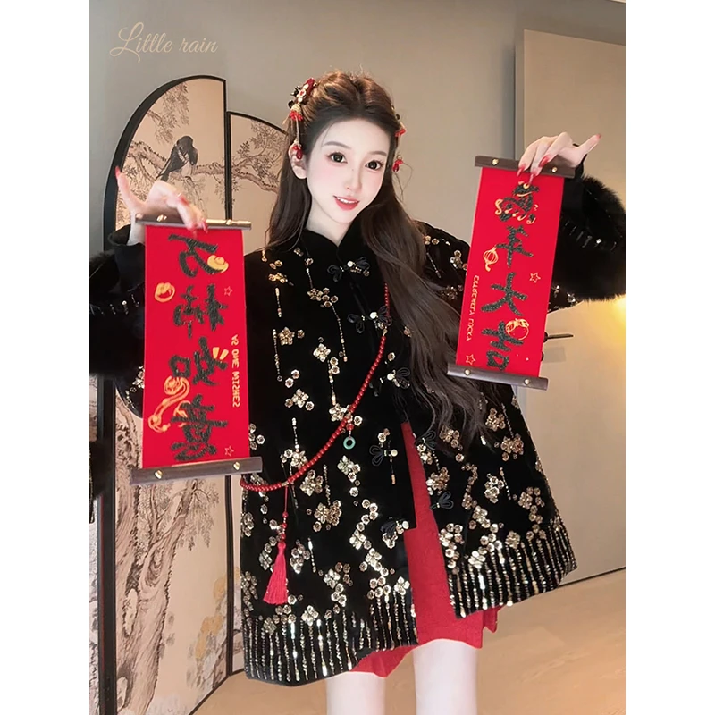 小雨姐姐【珠绣狐梦】新中式设计感珠管绣花冬毛毛袖口国风上衣外套