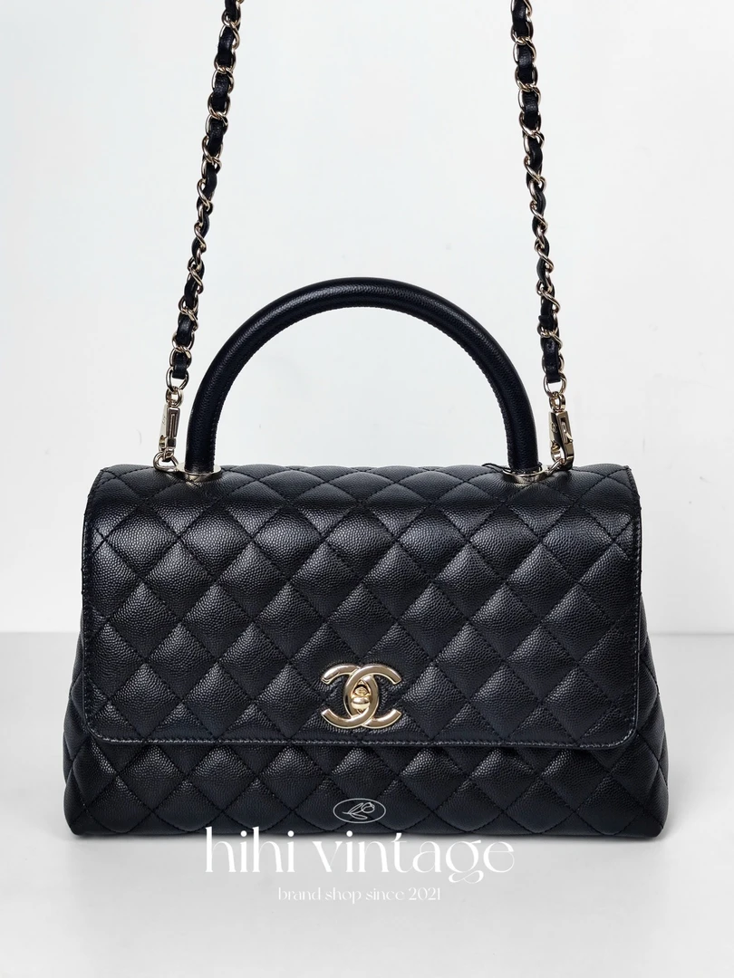 99新 Chanel/香奈儿 黑金荔枝纹中号cocohandle 芯片款  二店