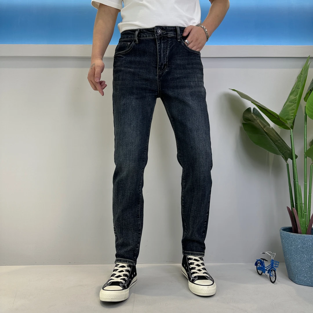 男士春季新款简约休闲深蓝色高弹力修身直筒水洗高弹力牛仔裤长裤