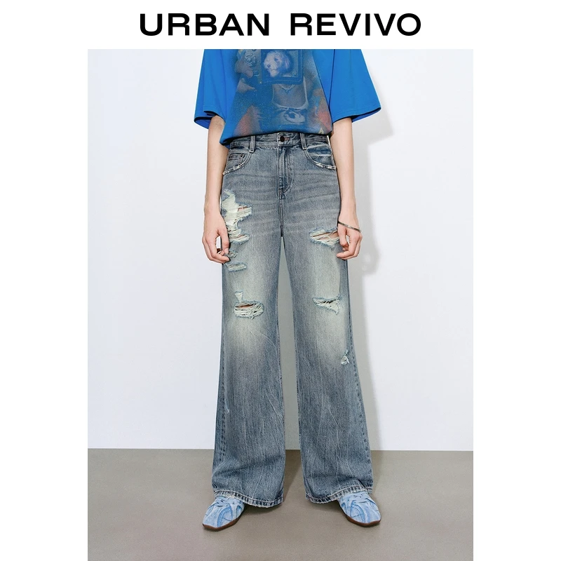 UR2025夏季新款女装休闲复古水洗破洞牛仔长裤UYV850084