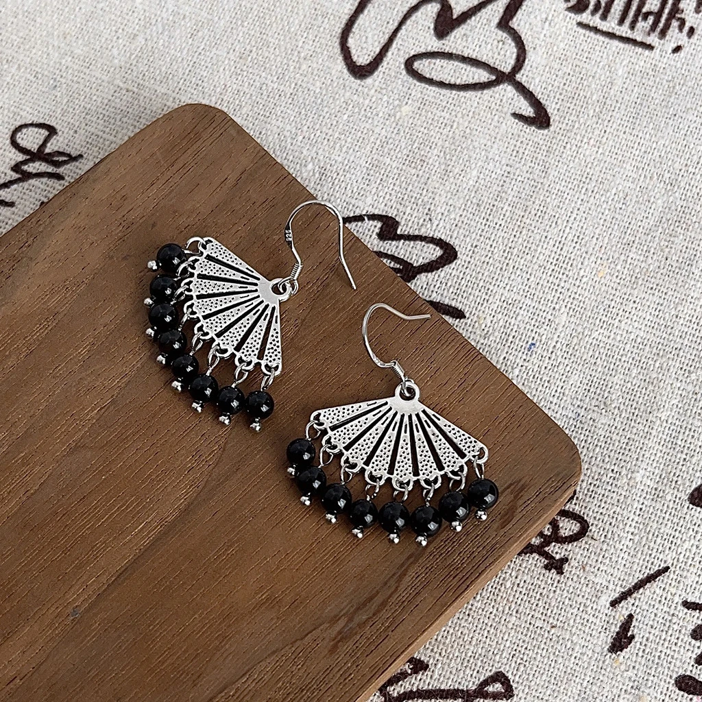铜合金树脂耳饰 民族风~扇形流苏黑色气质优雅耳饰复古百搭耳环女