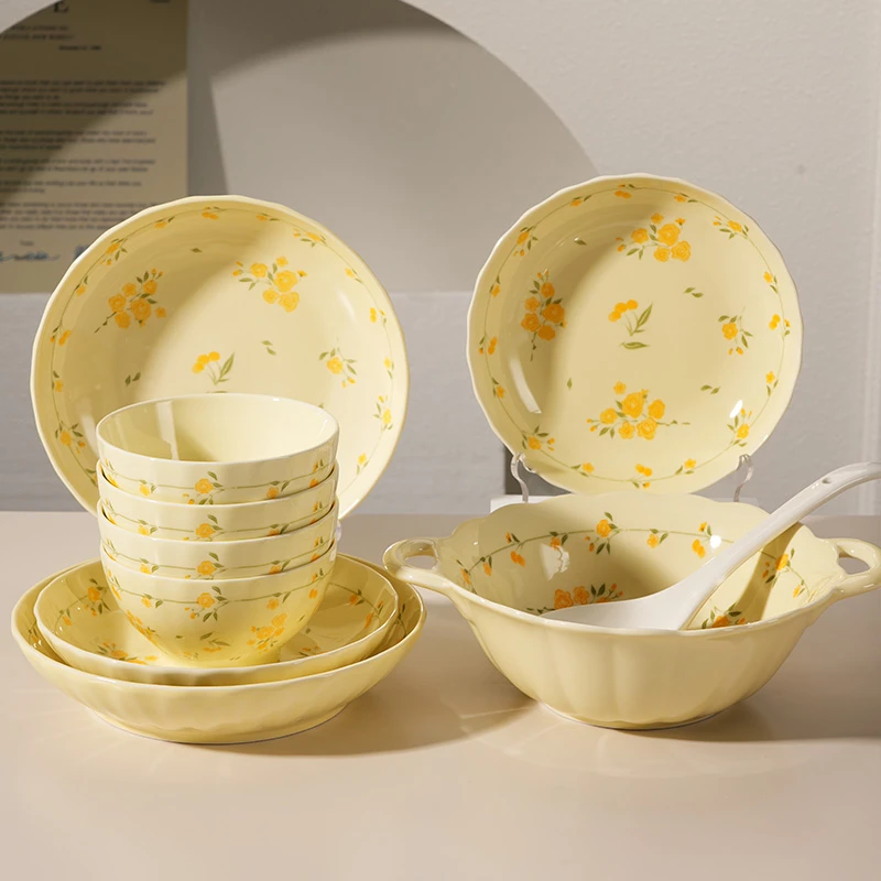 【居聪】浪漫花开家用套餐陶瓷碗碟盘吃饭盘子釉下彩餐具小清新碗盘