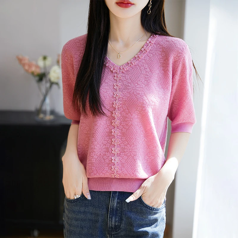 哥弟阿玛施正品2025夏季新款纯色V领钉珠小花针织短袖女时尚洋气