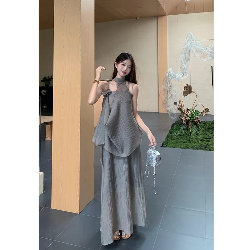 2025夏季新款不规则挂脖无袖上衣吊带裙气质清冷感国风女装套装裙