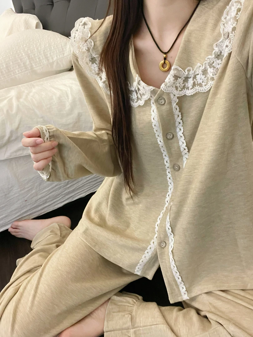 韩版甜美简约蕾丝花边德绒睡衣女春秋季新款保暖家居服套装可外穿