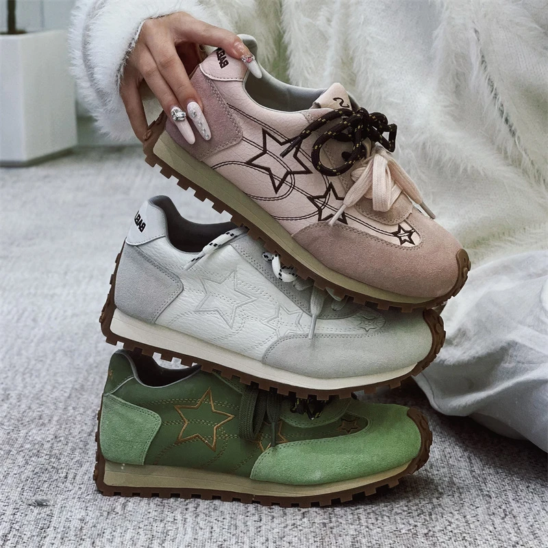 首谷爆款时尚休闲德训鞋女百搭系带运动真皮轻便防滑耐磨厚底增高
