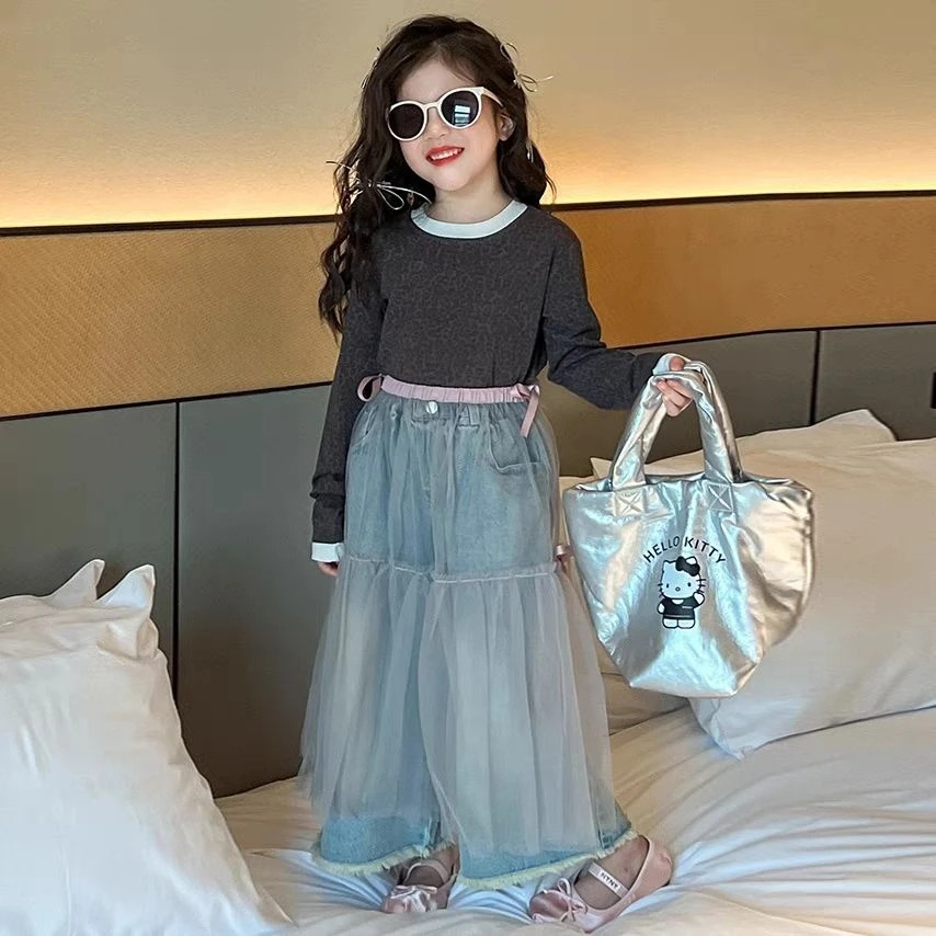 2025春季新款网纱裙韩版毛边阔腿牛仔裤套装潮女童假两件豹纹上衣