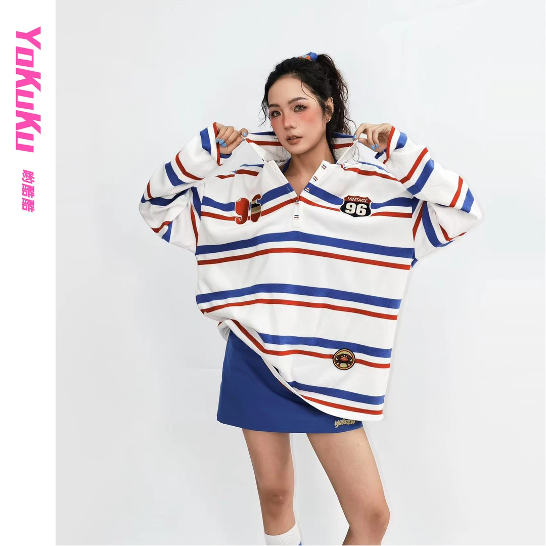 哟酷酷（乘风破浪）美式复古条纹撞色Polo领百搭宽松套头长袖上衣