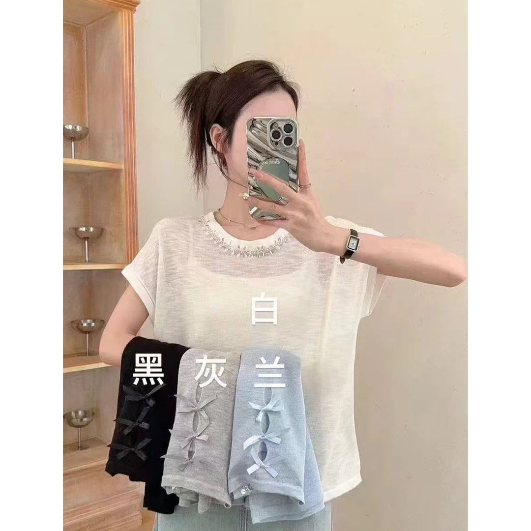 后背蝴蝶结钉珠短袖针织衫T恤女夏季2025新款设计感小众圆领上衣