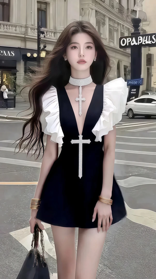 轻奢优雅法式千金风深V领修身收腰小众设计感连衣裙女氛围感裙子