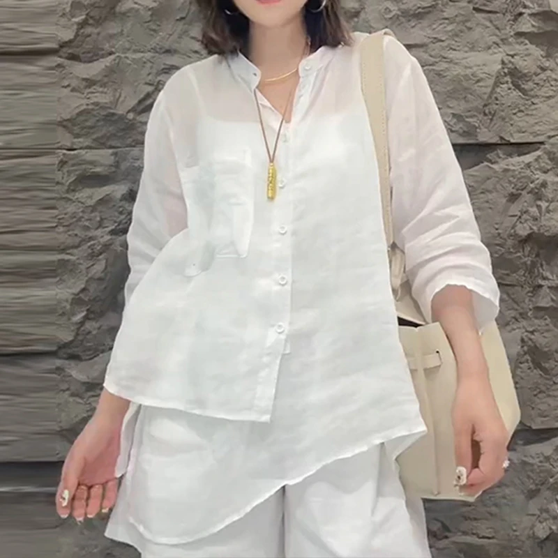 韩系简约立领单排多扣衬衫女新款洋气轻薄防晒松弛显瘦不对称上衣