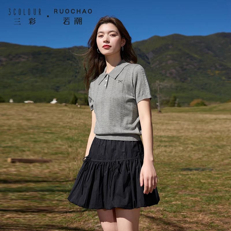 若潮大码女装2025夏秋新款Polo领针织衫蝴蝶结绞花智性胖MM