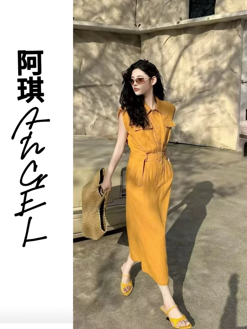 夏季亚麻天丝高级显瘦百搭不挑人连衣裙腰带两件套高品质