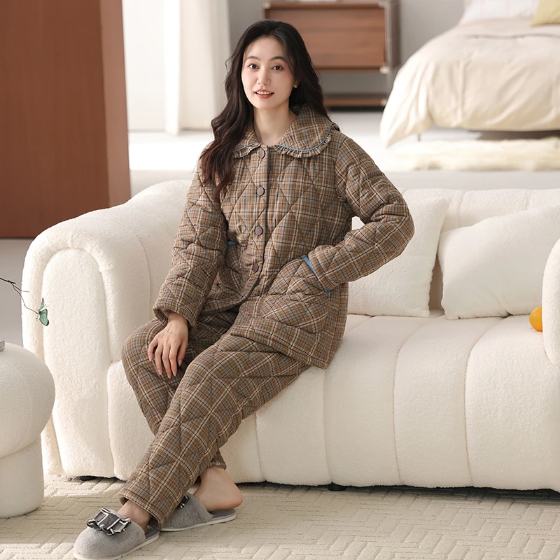 睡衣女秋冬保暖加绒加厚三层梭织纯棉夹棉休闲格子冬季家居服套装