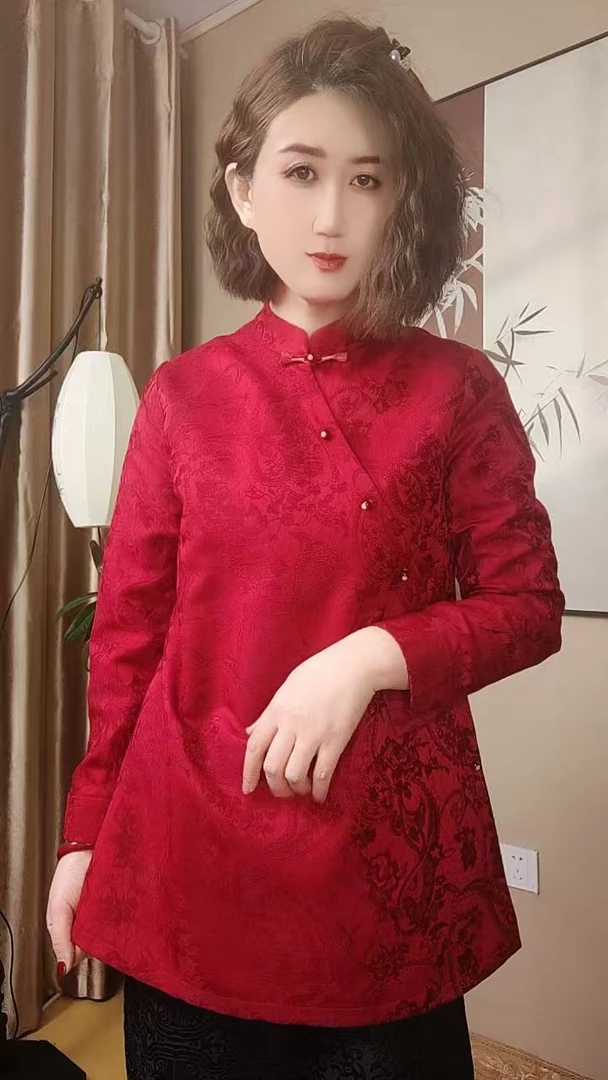 腰果花高档新中式立领国风上衣中长款衬衫中国风打底衫红色本命年