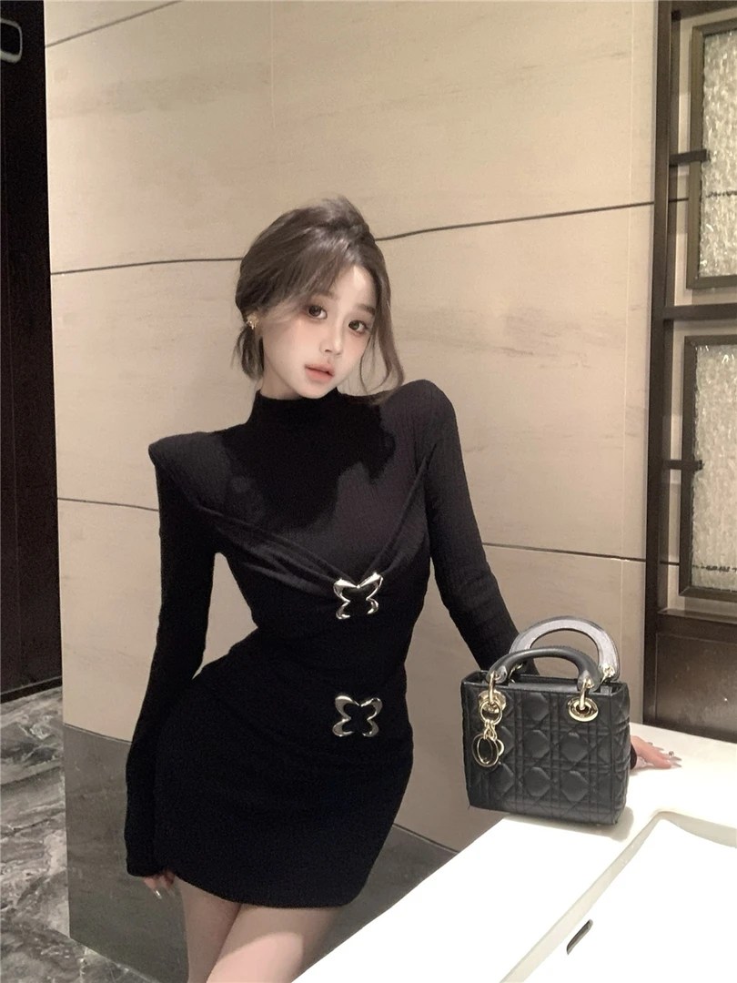 气质纯欲风针织长袖连衣裙辣妹性感黑色打底裙修身显瘦包臀短裙女