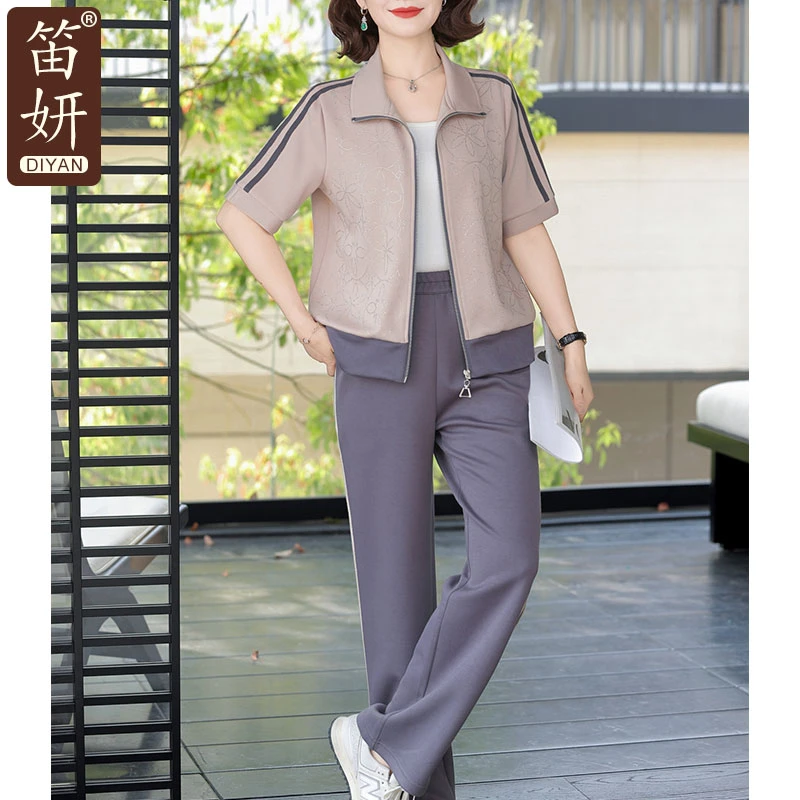 妈妈装秋装时尚运动服套装宽松型方领薄款中老年女装减龄春秋款