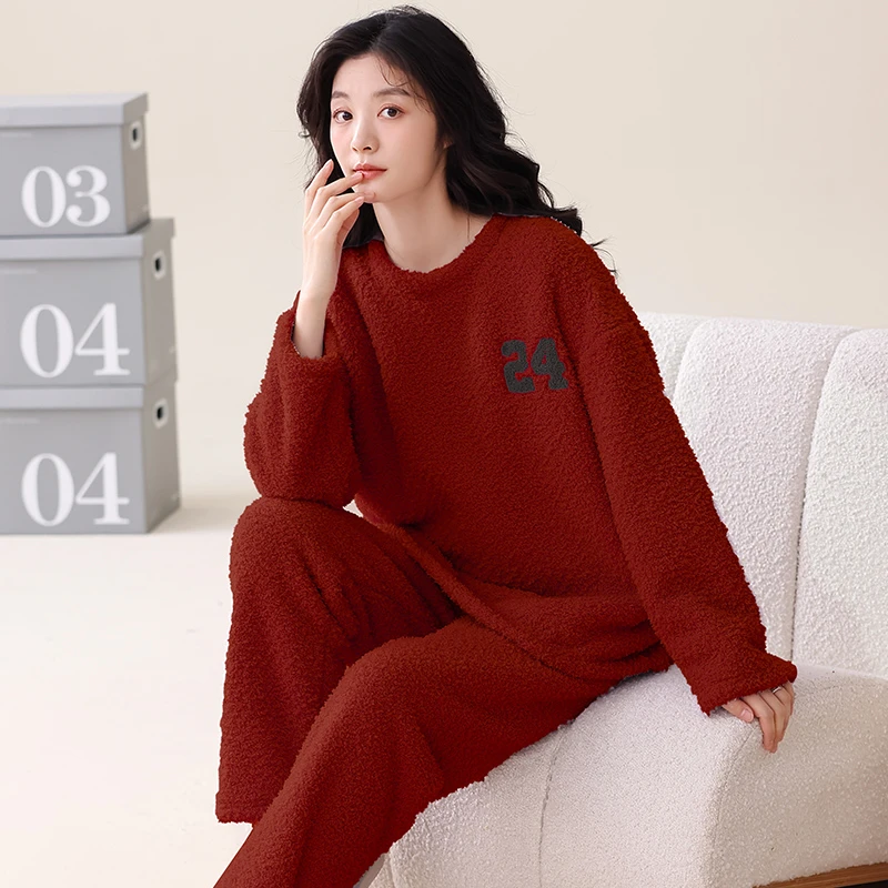 浪莎睡衣女款秋冬珊瑚绒加厚加绒长袖红色法兰绒保暖家居服两件套