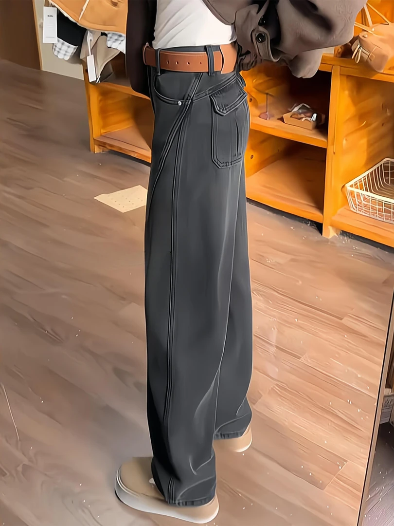 弯刀牛仔裤黑色加绒裤子女梨型身材遮胯显瘦窄版阔腿裤秋冬直筒裤