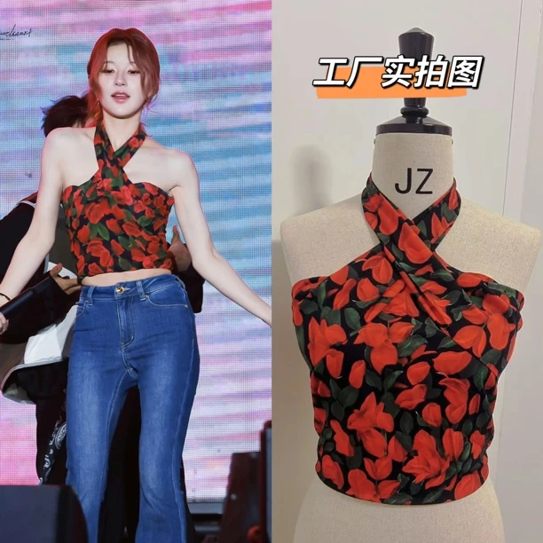赵露思明星同款玫瑰花挂脖上衣设计感小众辣妹纯欲风短款吊带背心