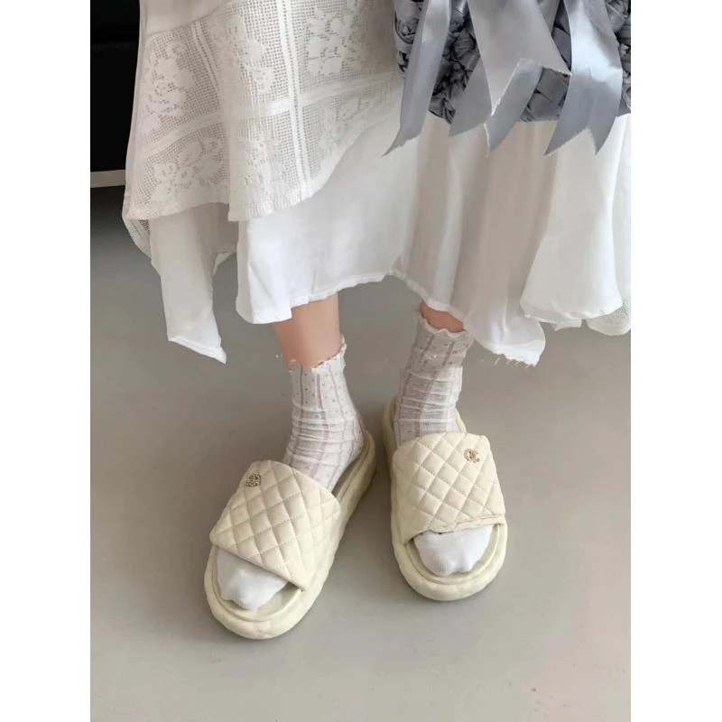 菱格小香风一字拖鞋女夏季厚底外穿魔术贴休闲软底沙滩凉拖7097