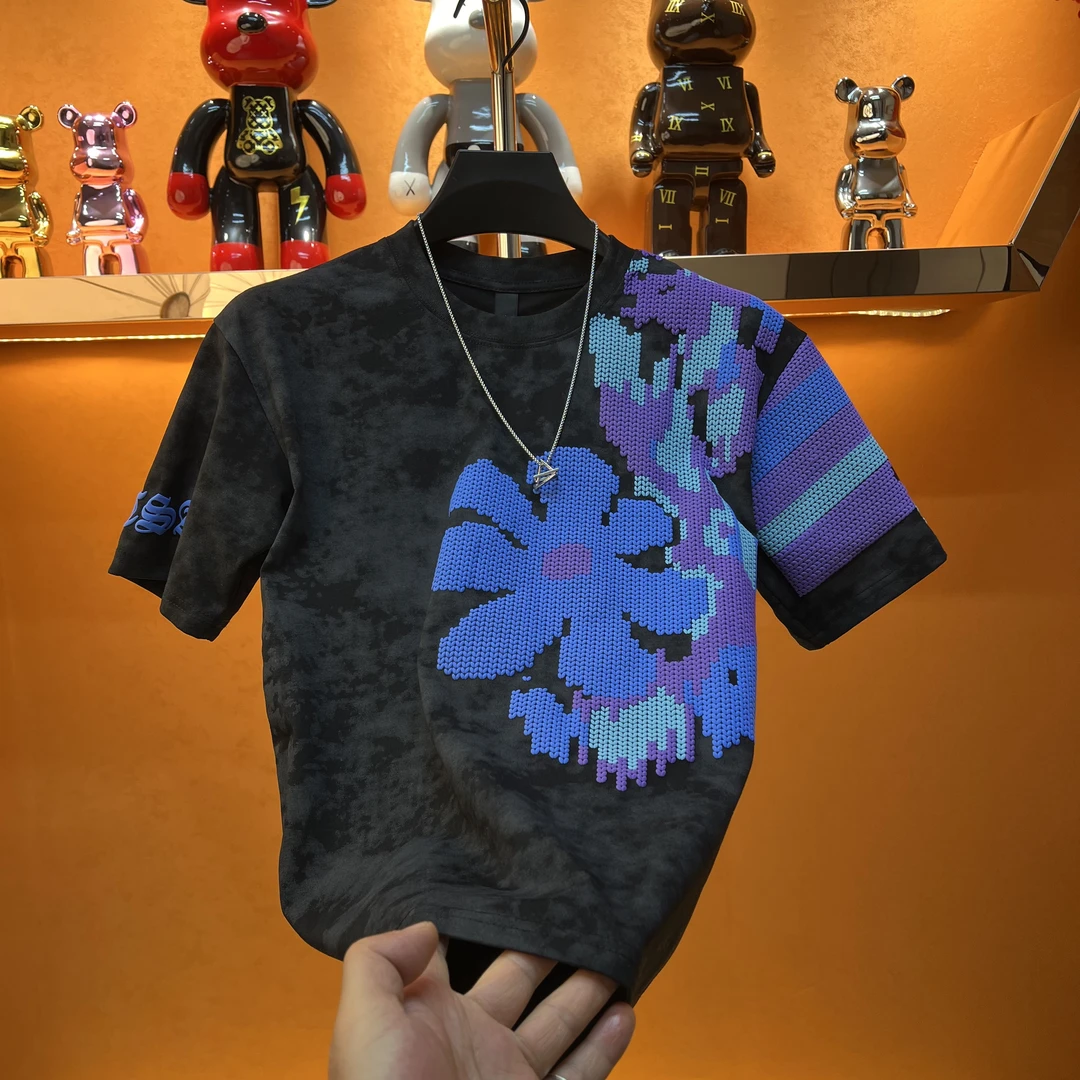 夏季撞色扎染不规则涂鸦潮流设计短袖T恤男针织肌䤚石壁圆领上衣