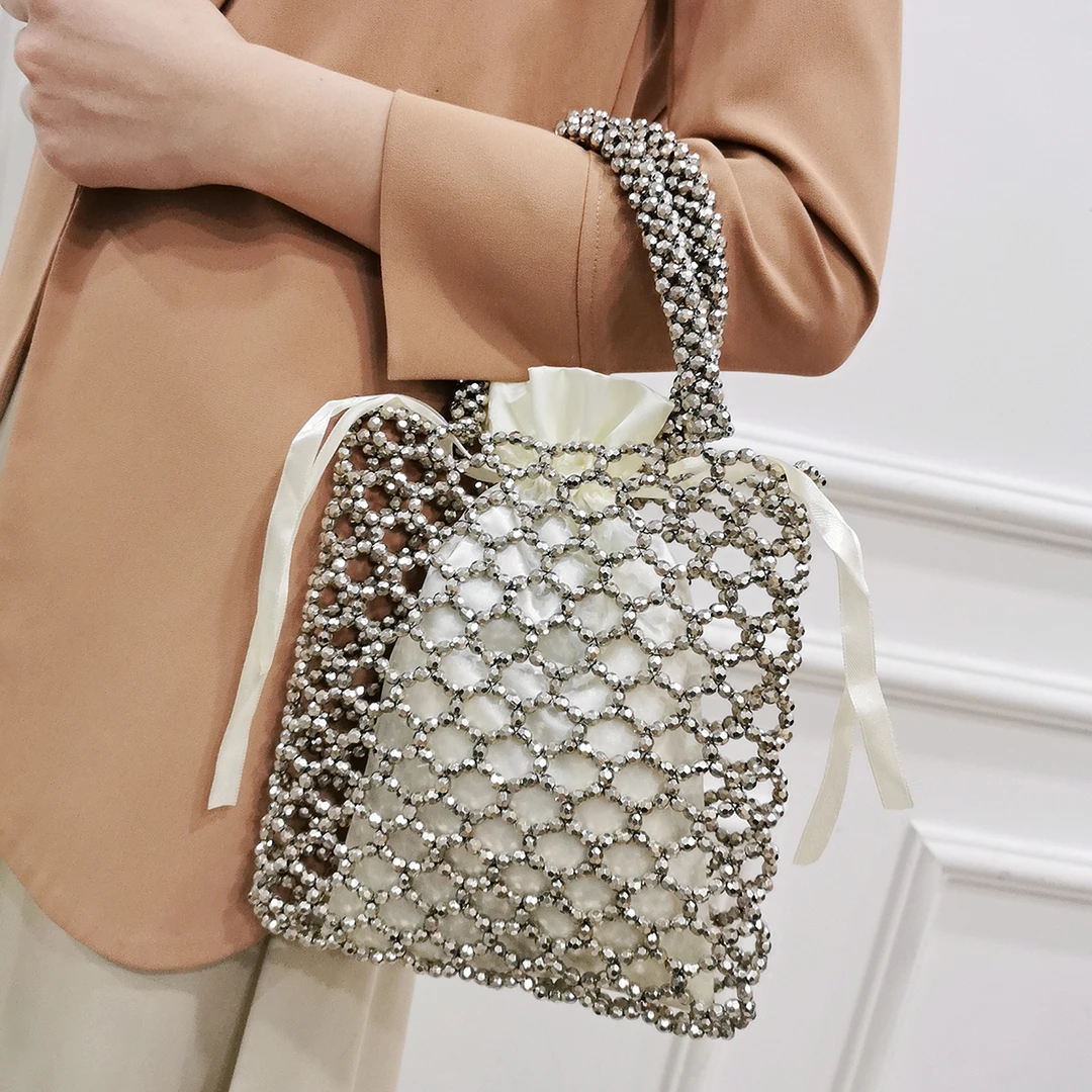 手工编织串珠亚克力仿珍珠银色亮片大容量百搭小众托特手提包