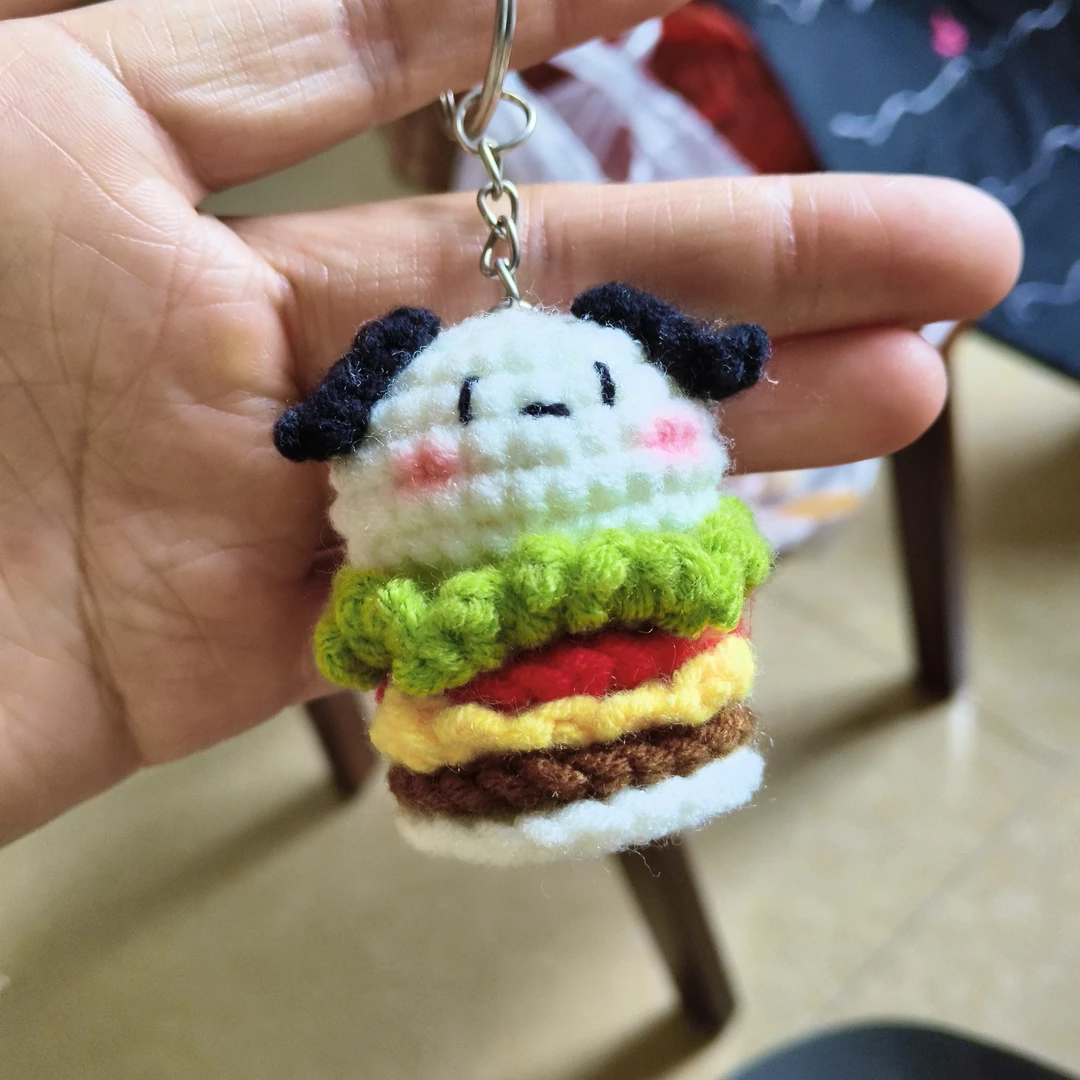 纯手工毛线钩织汉堡帕恰狗包挂钥匙扣