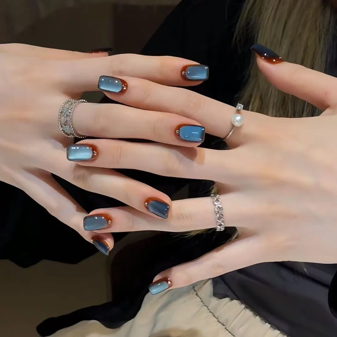 棕蓝色法式猫眼纯手工穿戴甲撞色金光豹纹闪钻波点玻璃珠爆闪美甲