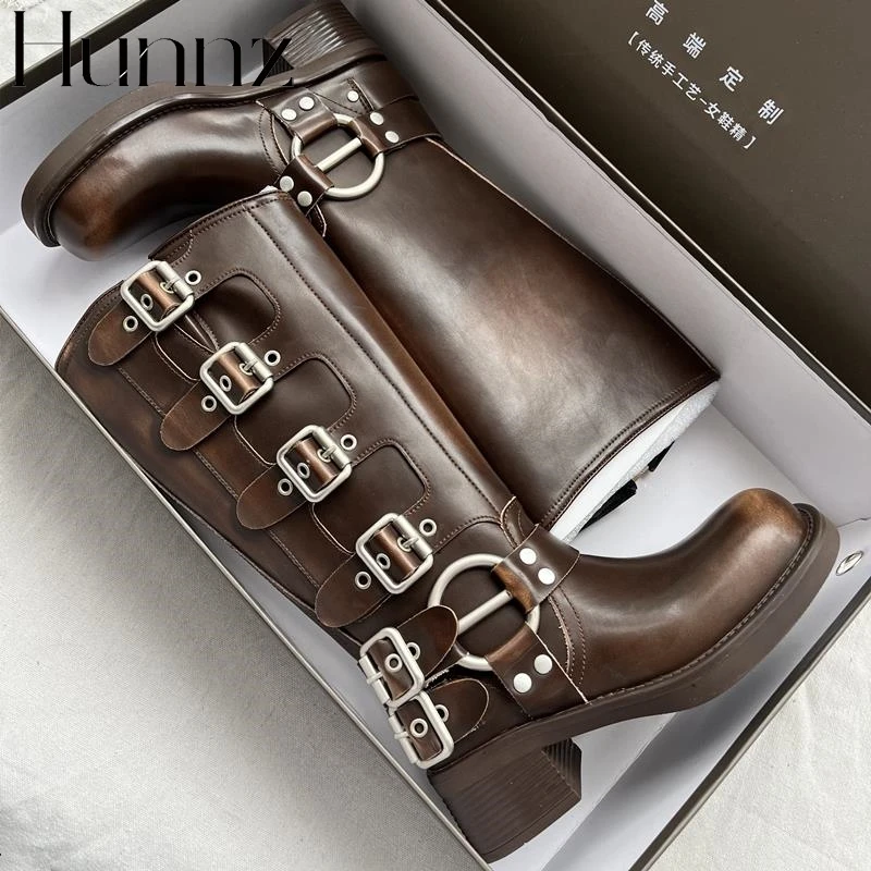 hunnz棕色西部牛仔靴2025新款夏季百搭方头复古骑士不过膝长筒靴