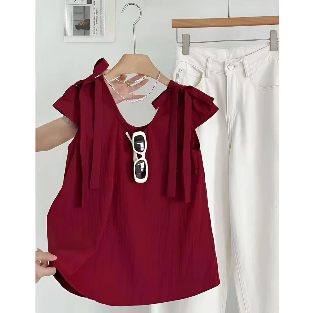 2025夏季新款减龄蝴蝶结系带纽扣设计感U领飞飞袖纯色短袖T桖上衣
