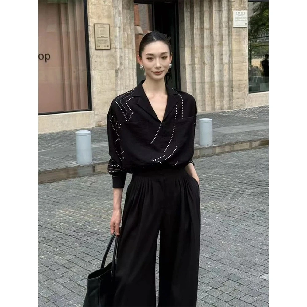 早秋2025洋气穿搭一整套高级感巨好看黑色长袖衬衫阔腿裤两件套装