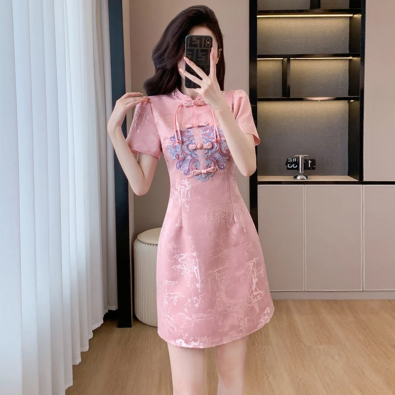 洋气衣服女现货夏季新款提花新中式改良气质时尚盘扣旗袍连衣裙
